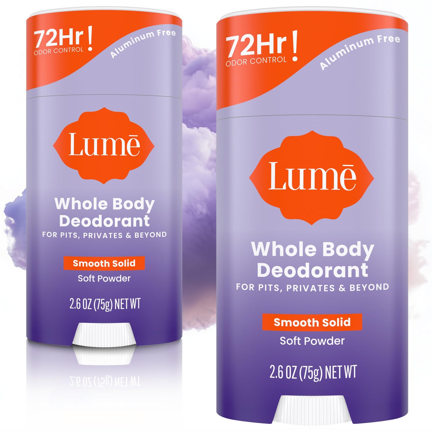 Lume Whole Body Deodorant - Smooth Solid Stick - 72 Hour Odor Control - Aluminum Free, Baking Soda Free and Skin Safe - 2.6 Ounce (Pack of 2) (Soft Powder)