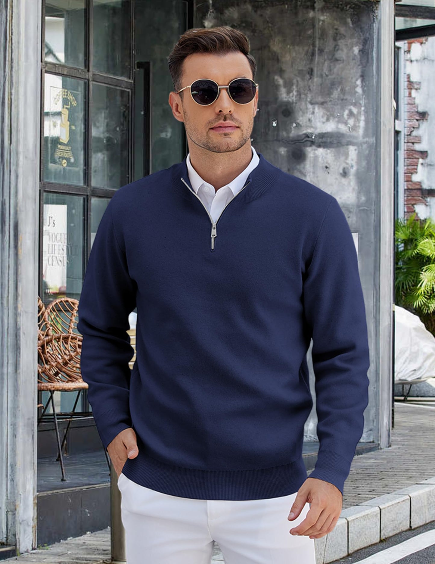 COOFANDY Mens Half Zip Sweaters Slim Fit Long Sleeve Texture Knitted Pullover Sweaters with Zipper Navy Blue XX-Large