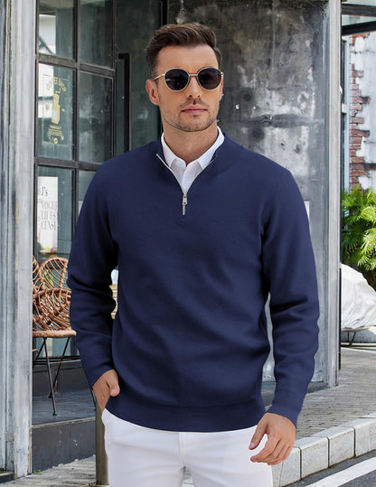 COOFANDY Mens Half Zip Sweaters Slim Fit Long Sleeve Texture Knitted Pullover Sweaters with Zipper Navy Blue XX-Large
