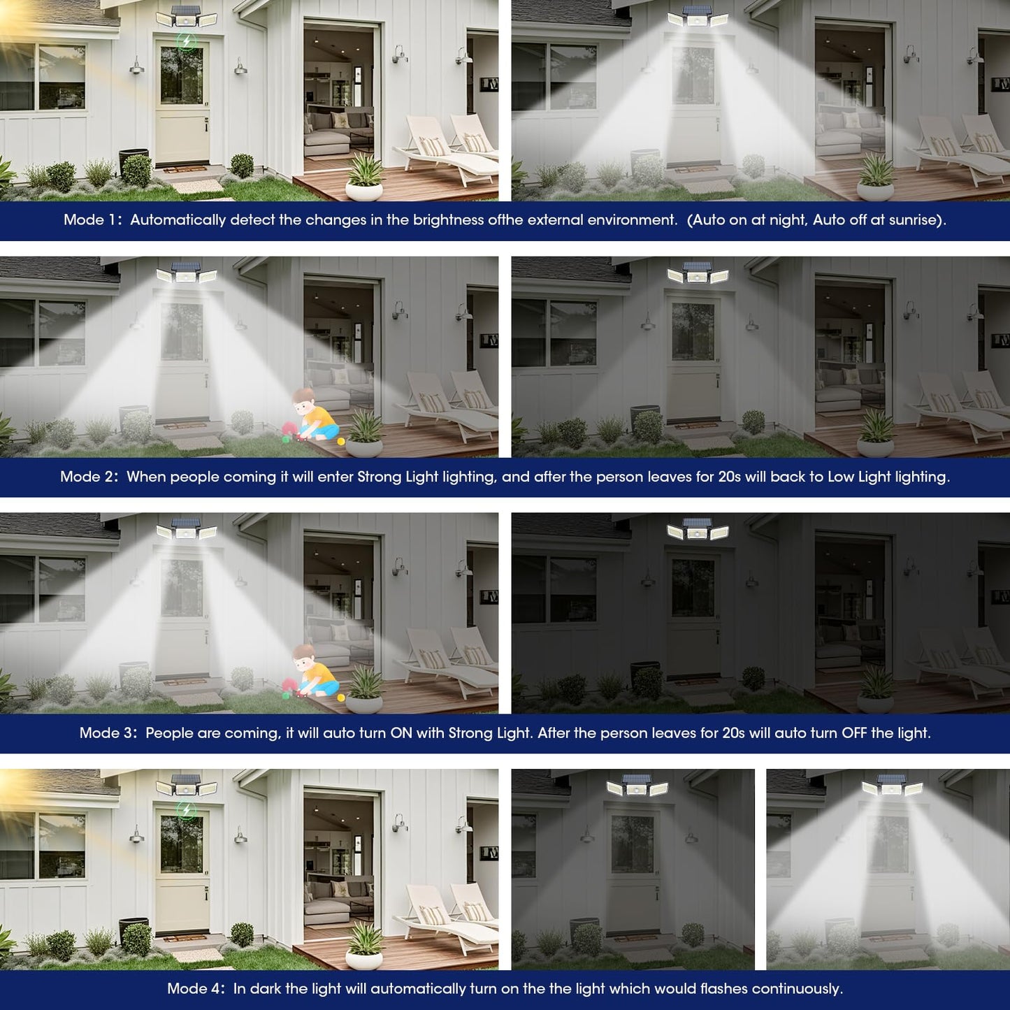 Solar Lights Outdoor Waterproof, Motion Sensor & Flood Outdoor Lights with Remote Control, 4 Adjustable Modes, 3000LM & 218 LED, High-Energy-Density Solar Panel-Monocrystalline Technology, 2 Pack