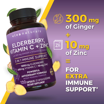 Viva Naturals Elderberry with Vitamin C and Zinc for Adults - 5 in 1 Sambucus Black Elderberry Capsules with Vitamin D3 5000 IU Immunity Supplement, Sambucus Elderberry Immune Support Supplement