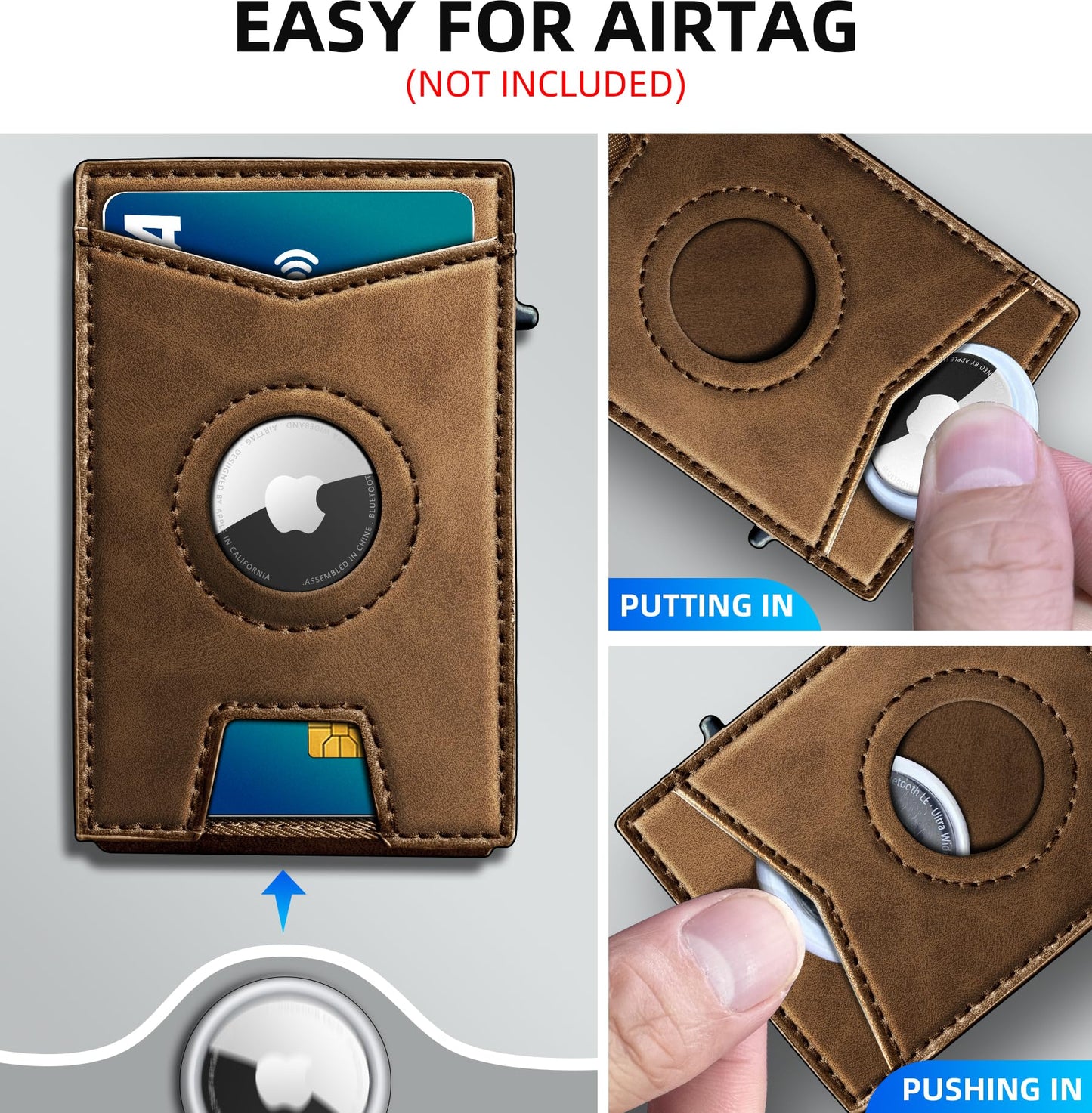 miyozi Airtag Wallet for Men,with Money Clip Gift Boxed,Slim Front Pocket Wallet RFID Blocking Metal Case Smart Pop-up Credit Card Holder in Magnetic Leather Flip