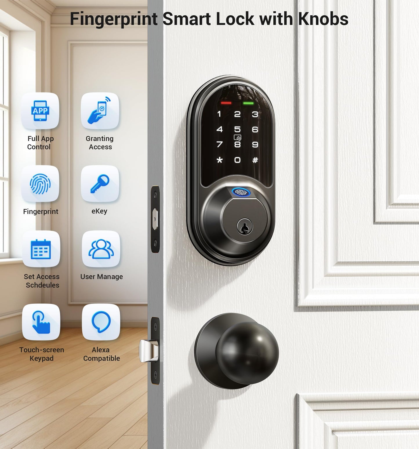 Veise Smart Locks for Front Door, 2 Knob Handle Set, Fingerprint Keyless Entry, App Control Biometric Door Lock, Electronic Digital Touchscreen Keypad Deadbolt, Easy Install, Auto Lock, Matte Black