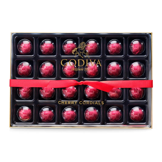 Godiva Holiday Chocolate Covered Cherries Cordial Gift Box - Christmas Candy Assortment with Festive Ribbon, Perfect for Holiday Gift Baskets, 24 Pc