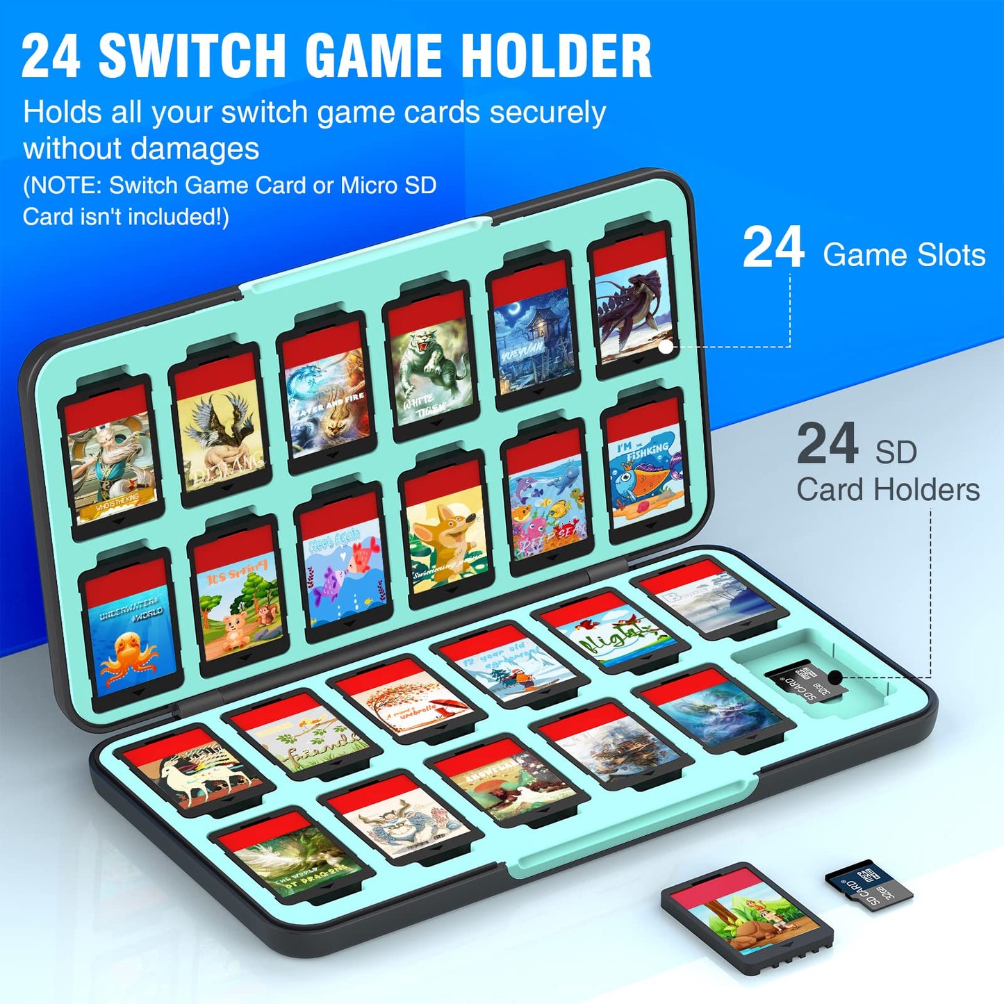CYKOARMOR Switch Game Case 24 Compatible with Nintendo Switch Game Cards and 24 Memory Cards, Portable Switch Game Holder, Hard Shell, Soft Lining&Magnetic Closure, Stripe Black Blue