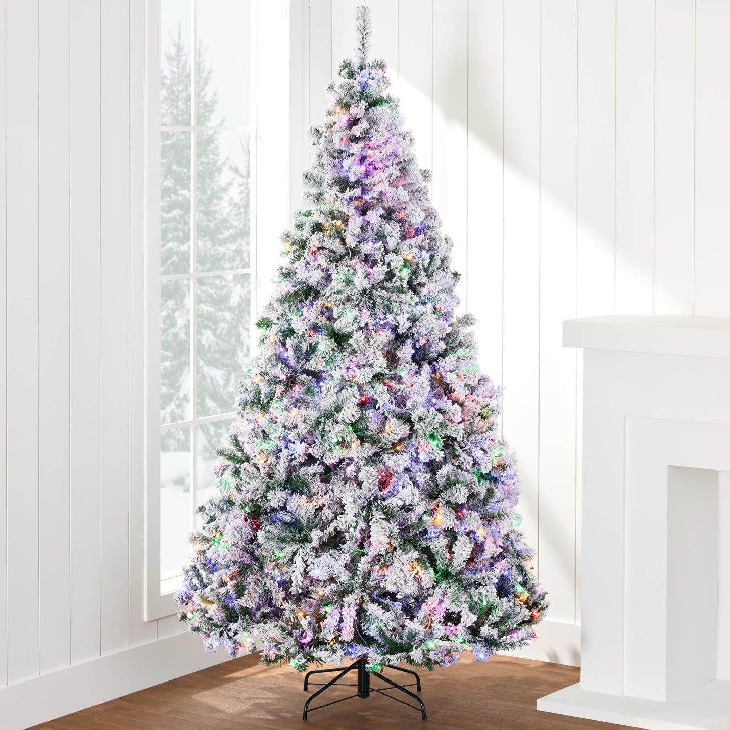 Best Choice Products Pre-Lit Artificial Christmas Tree 7.5ft Snow Flocked Pine Tree, 2-in-1 White and Multicolor LED Lights, Full Snowy Appearance