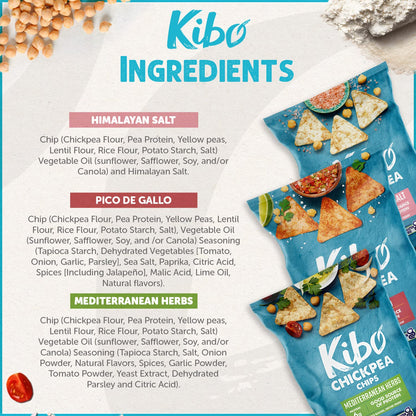 Kibo Chickpea Chips - High Protein/Fiber, Plant-Based, Cert. Gluten Free, Non-GMO, Vegan, Kosher, 3 Flavor Variety Pack, 1oz 12 pk