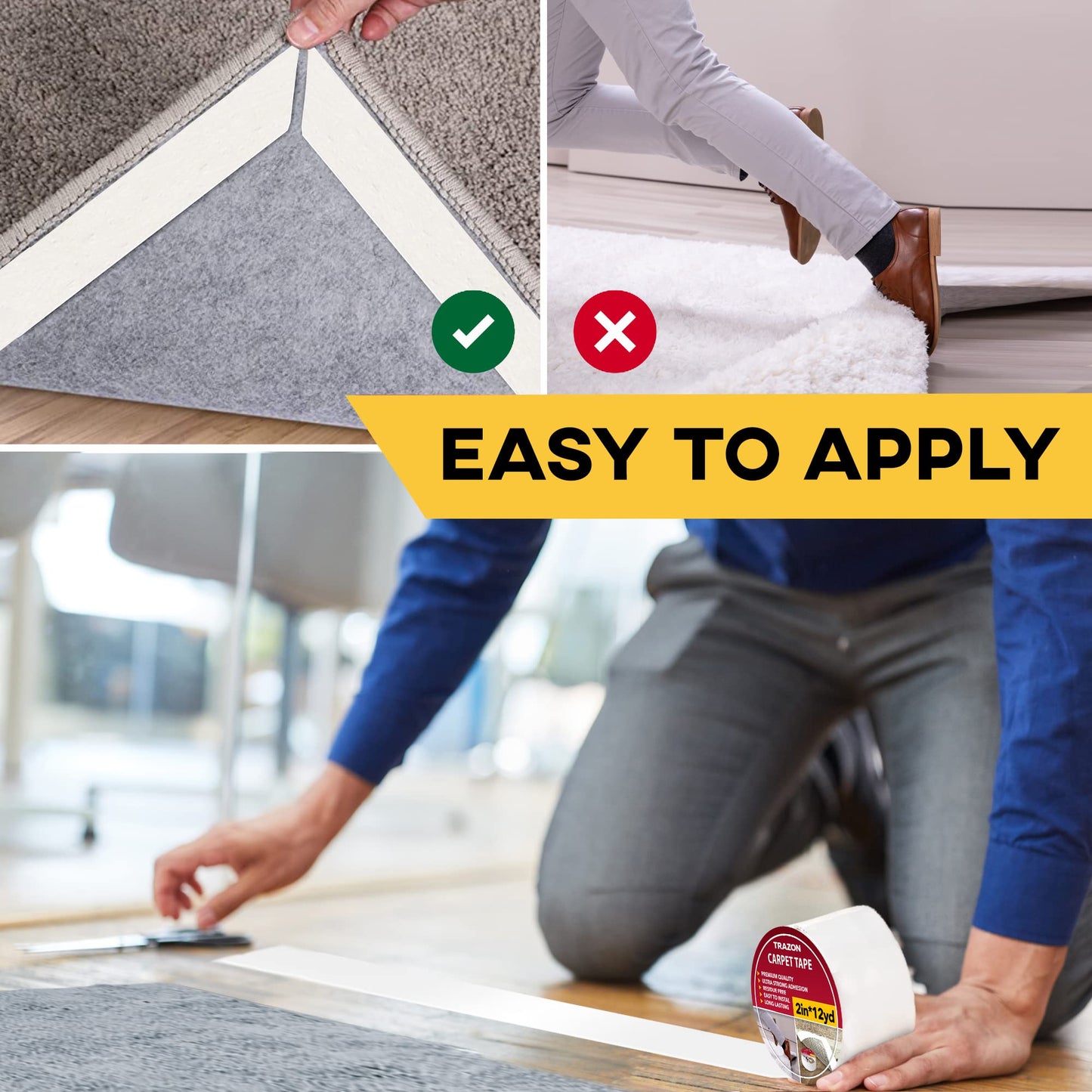 Carpet Tape Double Sided - Rug Tape Grippers for Hardwood Floors and Area Rugs - Carpet Binding Tape Strong Adhesive and Removable, Heavy Duty Stickers Grip Tape, Residue Free (2 Inch / 12 Yards)