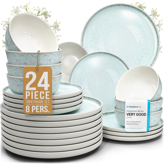 24 Piece Dinnerware Sets for 8 - Modern Style Stoneware Dinnerware Set - Microwave Safe Dinner Plates and Bowls Sets for 8, Ceramic Dish Set, Bowl and Plate Sets for 8, Beige Light Blue Set for 8…