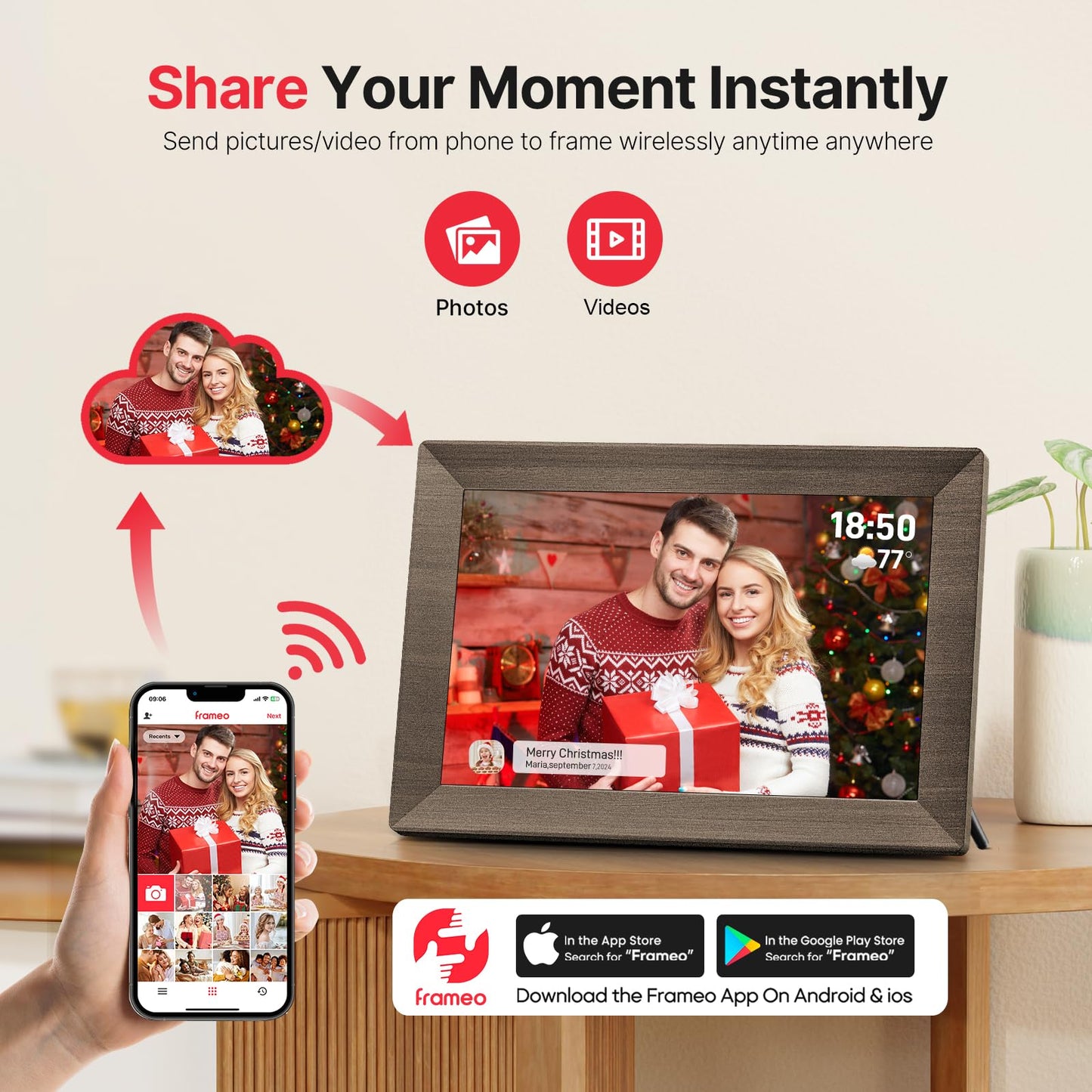 Frameo 10.1" Digital Picture Frame, Smart WiFi Digital Photo Frame with 1280x800 HD IPS Touch Screen 32GB Memory Auto-Rotate Wall Mounted, Share Photos/Videos from Phone Anywhere(Gray Wood)