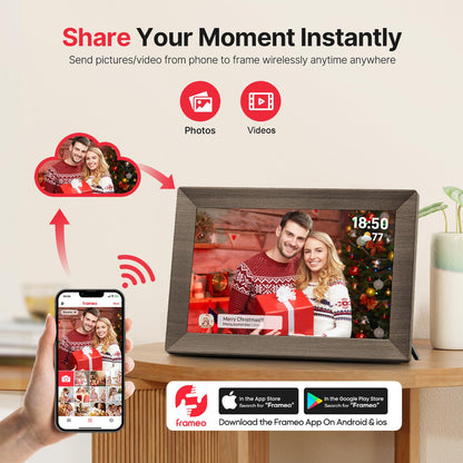Frameo 10.1" Digital Picture Frame, Smart WiFi Digital Photo Frame with 1280x800 HD IPS Touch Screen 32GB Memory Auto-Rotate Wall Mounted, Share Photos/Videos from Phone Anywhere(Gray Wood)