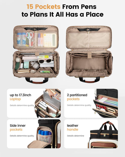 LOVEVOOK Rolling Teacher Bag with Detachable Dolly and Laptop Compartment, Large Rolling Tote Bag fits for 17.3" Laptop for Teacher Office Work Craft Nurse, Quilted-Black-beige-brown