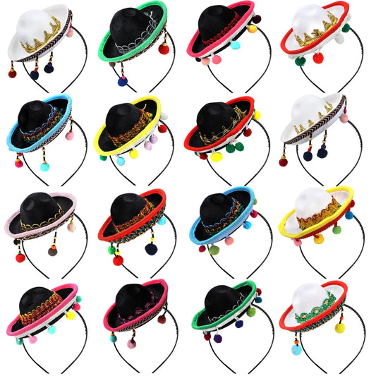 Swakuta 16 Pcs Cinco De Mayo Sombrero Headband Fiesta Fabric and Straw Headbands for Mexican Party Decor Luau Event Photo Props (Color Style 2)