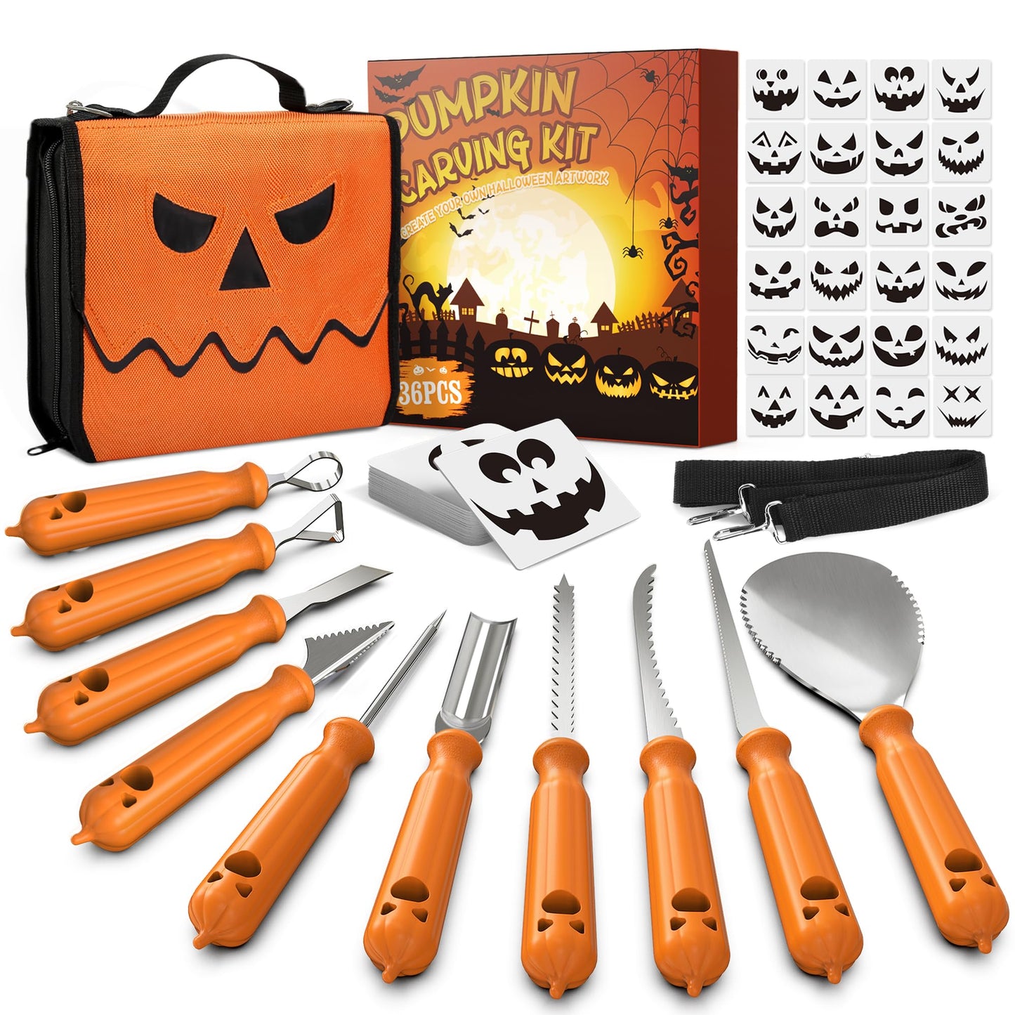 imarku Pumpkin Carving Kit, 36PCS Pumpkin Carving Tools, Professional Pumpkin Carving Knife Set with Stencils & Bag for Beginners, Sharp Pumpkin Carving Gift for Halloween Decoration Jack-O-Lanterns