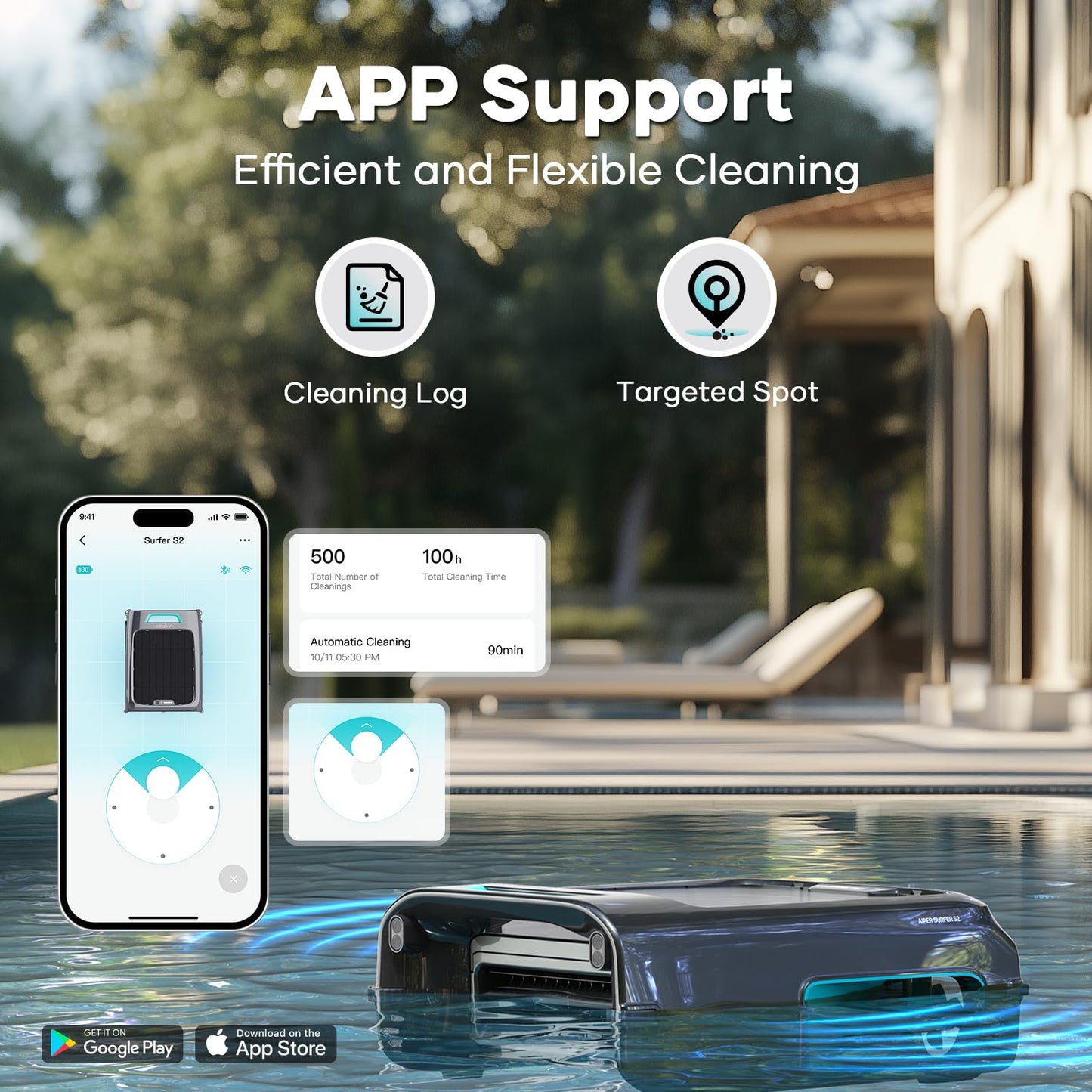AIPER Surfer S2 Robotic Solar Pool Skimmer with APP Support, 24/7 Cleaning, Dual Charging Modes, Smart Obstacle Avoidance, Ideal for Most Swimming Pool Types