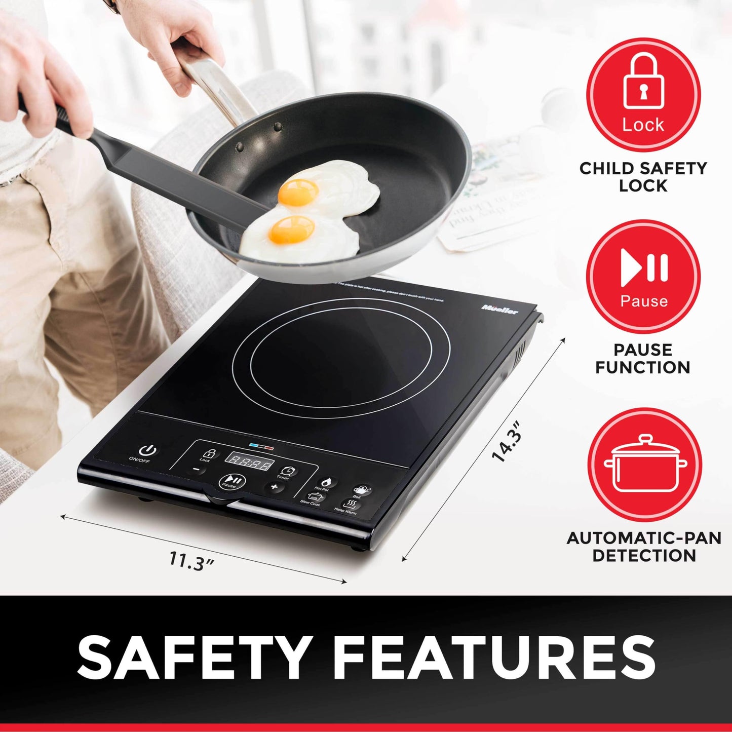 Mueller RapidTherm Portable Induction Cooktop Hot Plate Countertop Burner 1800W, 8 Temp Levels, Timer, Auto-Shut-Off, Touch Panel, LED Display, Auto Pot Detection, Child Safety Lock, 4 Preset Programs