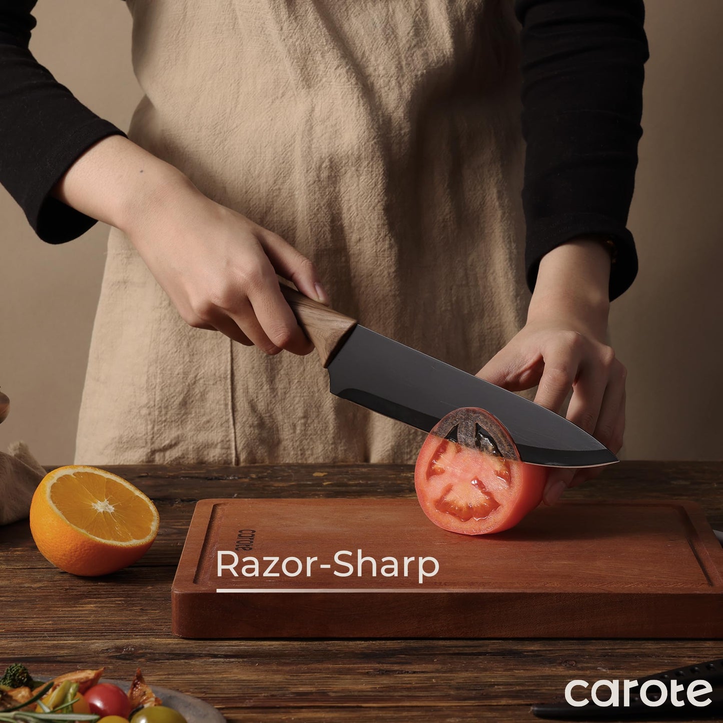 CAROTE 12PCS Knife Set, Kitchen Knife Set with Safe Guards, Stainless Steel Knife Set with Ceramic Coating, Rustproof, Black