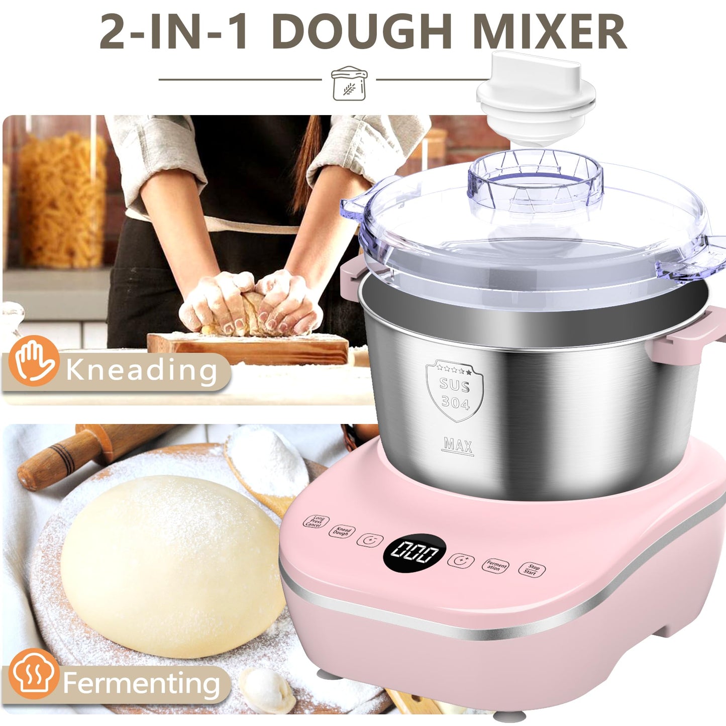 Electric Dough Maker 5Qt with Ferment Function, Dough Mixer with 304 Stainless Steel Bowl, Face-up Touch Panel, for Bread & Pizza