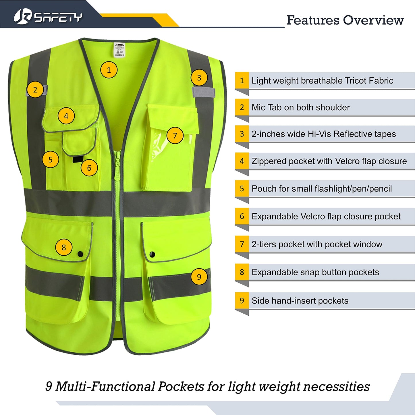 JKSafety 9 Pockets Class 2 High Visibility Zipper Front Safety Vest With Reflective Strips,Meets ANSI/ISEA Standard (X-Large, Yellow)