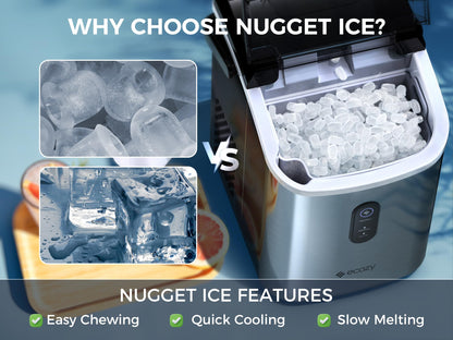 ecozy Nugget Ice Maker Countertop - Chewable Pellet Ice Cubes, 33 lbs Daily Output, Stainless Steel Housing, Self-Cleaning Ice Machine with Ice Bags for Parties, Kitchen, Bar, Office, Silver