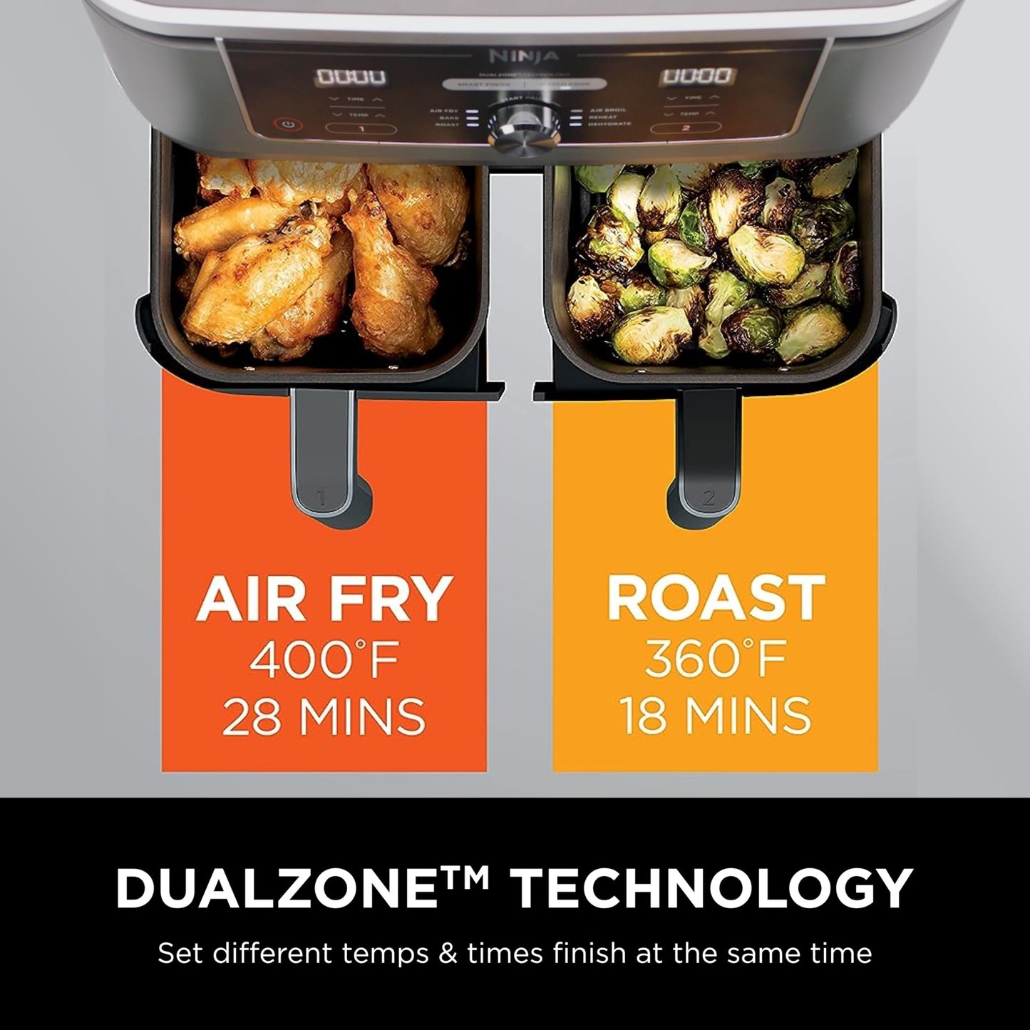 Ninja DZ401 Foodi 10 Quart 6-in-1 DualZone XL 2-Basket Air Fryer with 2 Independent Frying Baskets, Match Cook & Smart Finish to Roast, Broil, Dehydrate for Quick, Easy Family-Sized Meals, Grey