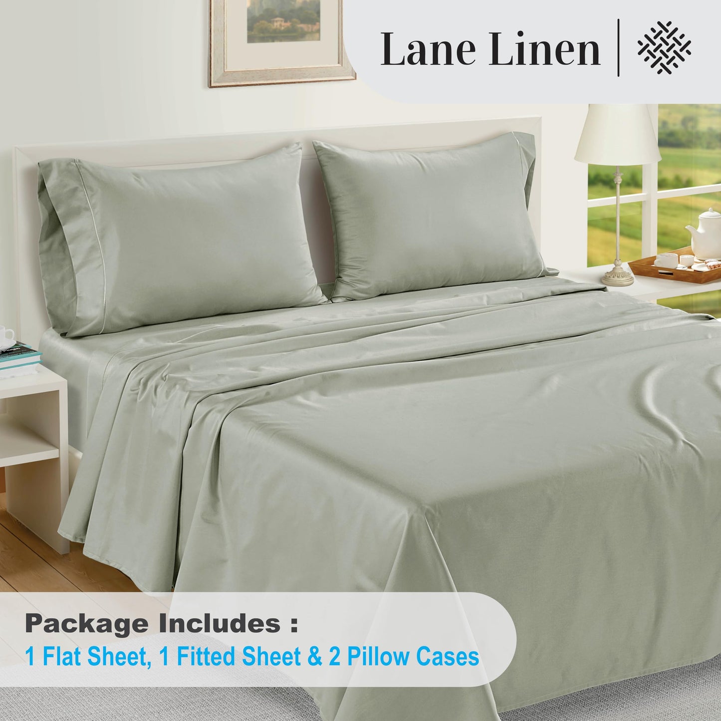 LANE LINEN 100% Egyptian Cotton Bed Sheets sábanas Queen, Soft & Comfy Luxury Hotel Like Thick Bedding Sheets & Pillowcase Set, Machine Wash Cooling 16'' Queen Deep Pocket Sheet Set Mineral
