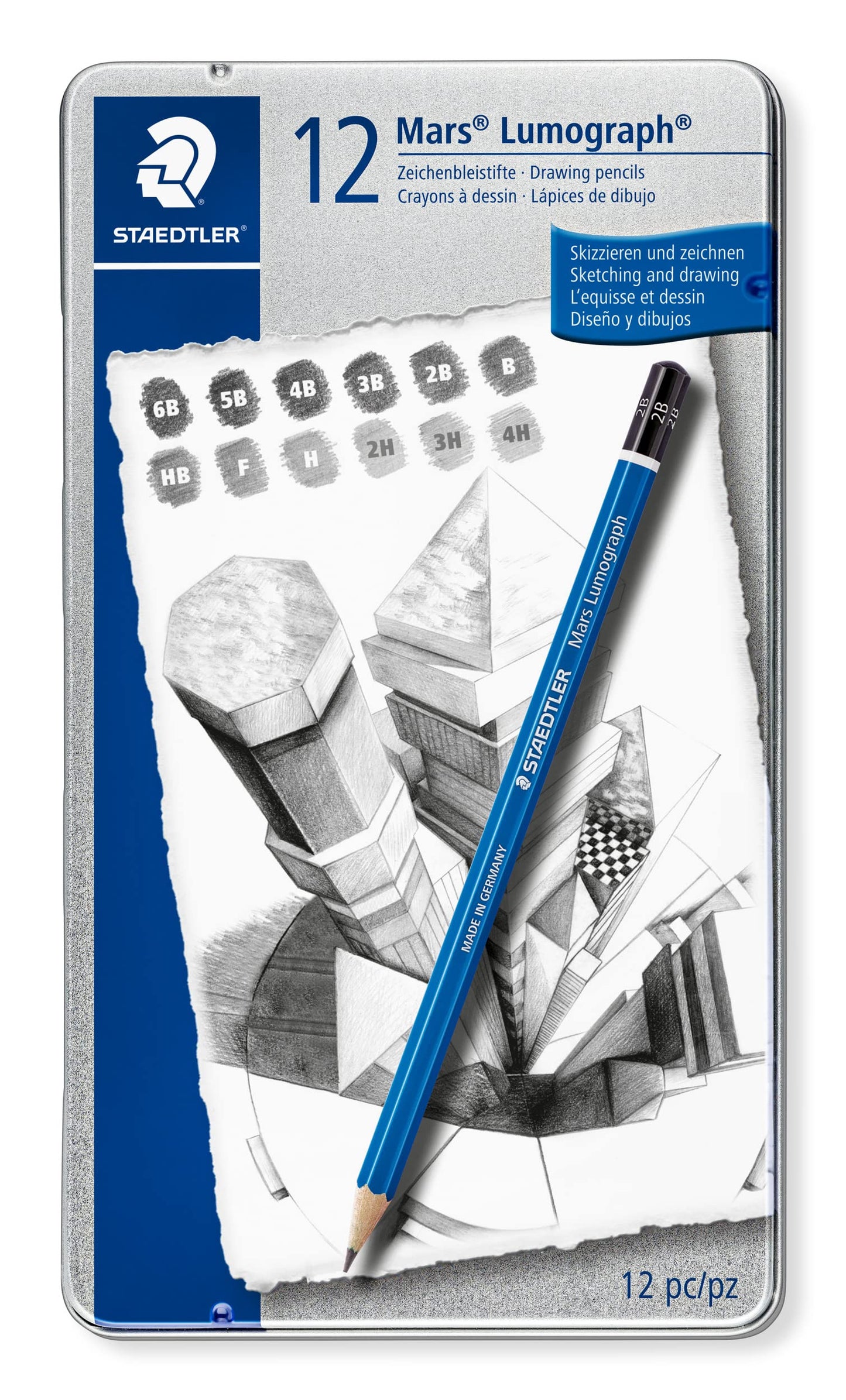 STAEDTLER Mars Lumograph Art Drawing Pencils (12-Pack) – Sustainable, Break-Resistant Graphite, Metal Case