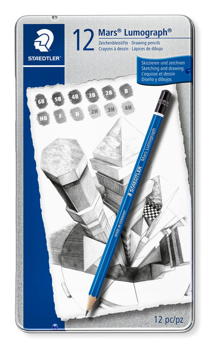 STAEDTLER Mars Lumograph Art Drawing Pencils (12-Pack) – Sustainable, Break-Resistant Graphite, Metal Case