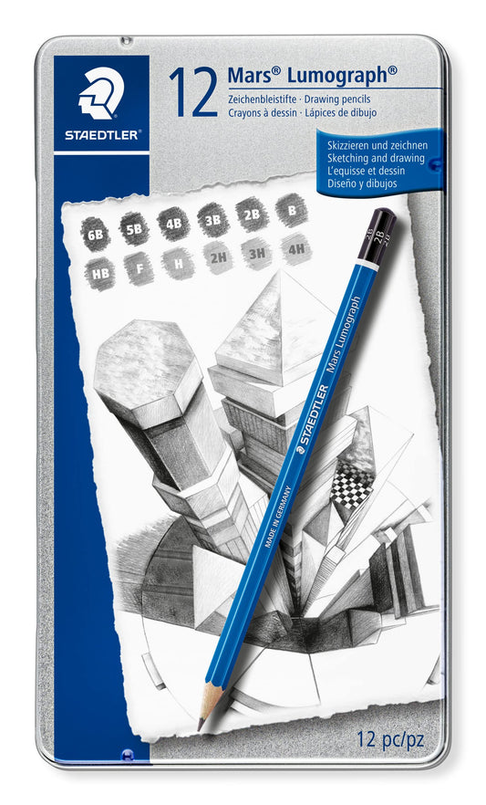 STAEDTLER Mars Lumograph Art Drawing Pencils (12-Pack) – Sustainable, Break-Resistant Graphite, Metal Case