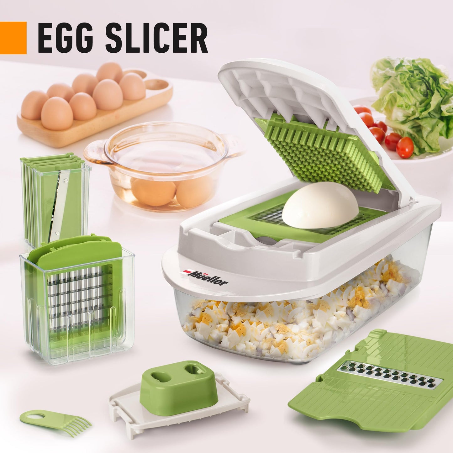 Mueller Pro-Series 10-in-1, 8 Blade Vegetable Chopper, Onion Mincer, Cutter, Dicer, Egg Slicer with Container, French Fry Cutter Potato Slicer, Home Essentials, Salad Chopper White Sand/Green