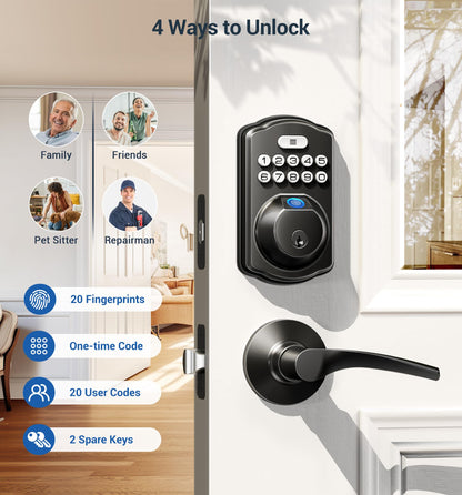 Veise Fingerprint Door Lock with 2 Lever Handles - Keyless Entry Door Lock, Electronic Keypad Deadbolt, Digital Smart Code & Front Handle Sets, Auto-Locking, Easy Installation, Matte Black