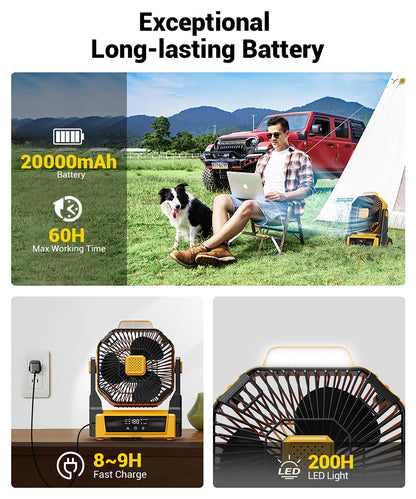 KopBeau Portable Camping Fan with Lights, 20000mAh Rechargeable Battery Operated Fan, Battery Powered Outdoor Beach Tent with 3 Speeds & Hook, Personal USB Table for Camping Accessories