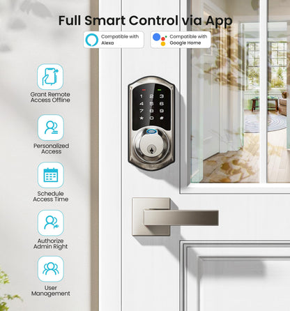 Veise Fingerprint Smart Locks for Front Door with 2 Lever Handle Set, App Control, Keyless Entry, Electronic Digital Keypad Deadbolt, Auto Lock, Waterproof, Easy to Install, Satin Nickel