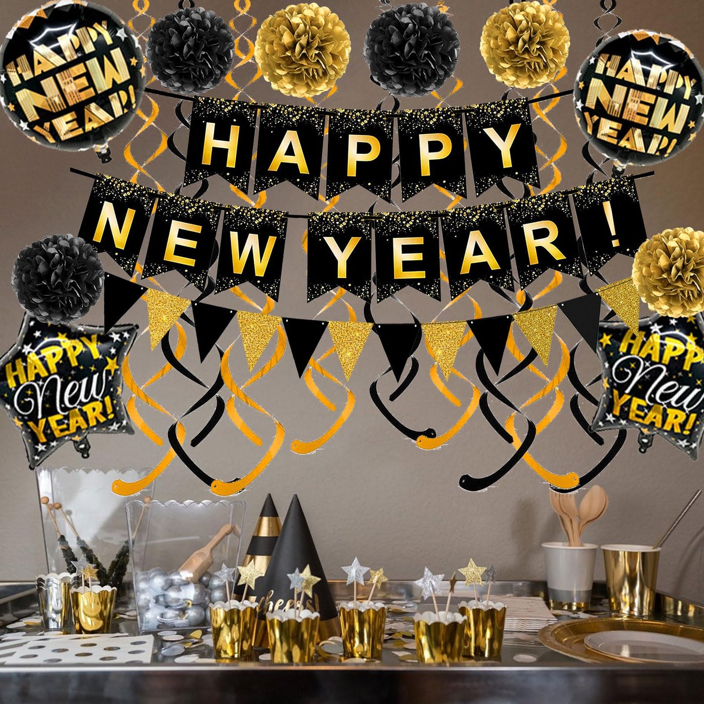 Brand:Oh baby,HAPPY NEW YEAR Paper Banner Triangle Flag Bunting Pom poms Swirl Streamers Aluminum foil balloons for New year Party Decorations
