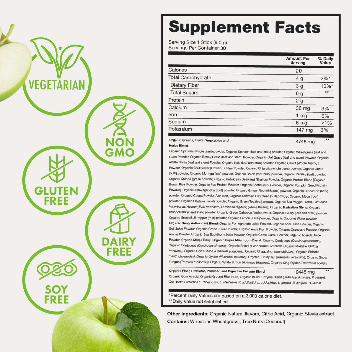 Zena Nutrition Organic Super Greens Powder, 70+ Superfoods, 0 Sugar, 3G Fiber, Spirulina, Chlorella, Antioxidants, Prebiotics/Probiotics, Digestive Enzymes, Green Apple, 30 Drink Mix Packets
