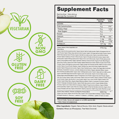 Zena Nutrition Organic Super Greens Powder, 70+ Superfoods, 0 Sugar, 3G Fiber, Spirulina, Chlorella, Antioxidants, Prebiotics/Probiotics, Digestive Enzymes, Green Apple, 30 Drink Mix Packets
