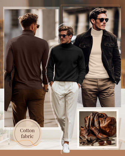 Ficerd 3 Pack Men's Turtleneck Shirts, Long Sleeve Cotton Pullover Sweaters Mock Neck Knitted T Shirt Basic Slim Fit Tee Tops(Black, Brown, Apricot,X-Large)
