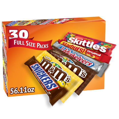 Mars M&M'S, SNICKERS, 3 MUSKETEERS, SKITTLES & STARBURST Variety Pack Full Size Bulk Candy Assortment, 56.11 oz, 30 Count