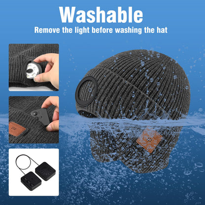 Bluetooth Beanie with Light, Built in Wireless Headphones & Stereo Speakers USB Rechargeable Bluetooth Hat Unique Tech Gifts Birthday Gifts for Men and Women (Dark Grey Adult)