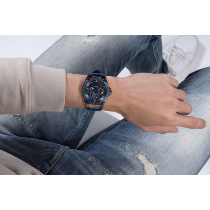 GUESS Comfortable Iconic Blue Stain Resistant Watch with Rose Gold-Tone Day, Date + 24 Hour Military/Int'l Time. Color: Blue (Model: U1049G2)
