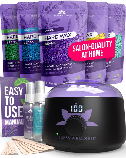Tress Wellness Waxing Kit for Sensitive Skin, Safe for Face & Skin, Prep & Aftercare Spray, Easy to Use, At-Home Kit for Face, Bikini, Brazilian & Full Body - Digital Display, Black Purple Flower