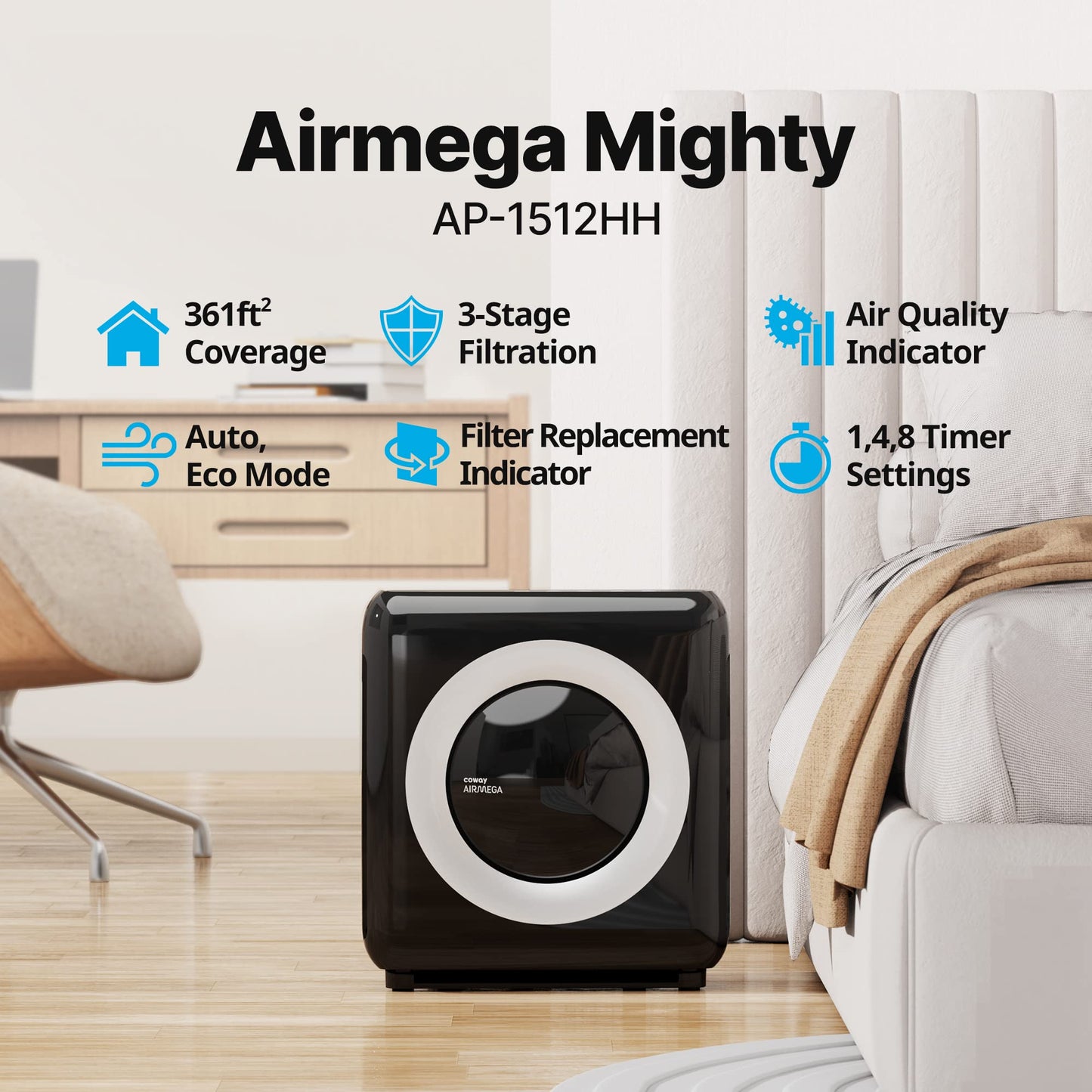 Coway AP-1512HH Mighty Air Purifier with True HEPA and Eco Mode, black/silver, 16.8 x 18.3 x 9.6