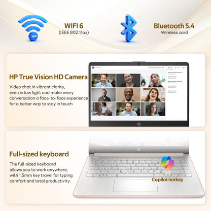 HP Flagship 14" HD Student&Business Laptop with AI Copilot, 13th Gen Intel 4-Core, 4GB RAM, 1.12TB Storage (128GB UFS + 1TB Docking Station), 1 Year Office 365, Wi-Fi 6, Win 11 S, Pale Rose Gold