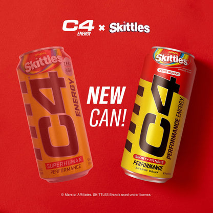 Cellucor C4 Performance Energy Drink | SKITTLES | Zero Sugar Carbonated Preworkout Energy | 200mg Caffeine with Beta Alanine | 16 Fl Oz (12 Pack)