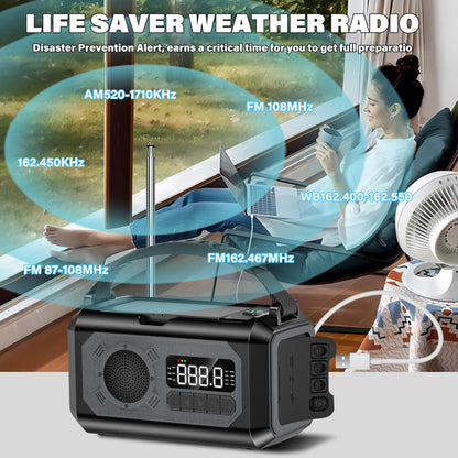 44400mWh/12000mAh Emergency Weather Radio, Hand Crank Radio Solar Radio Portable AM/FM/NOAA Radio with 2 Solar Panels 3 Charging Methods SOS Alarm 3 Mode Flashlight Phone Charger Compass Reading Lamp