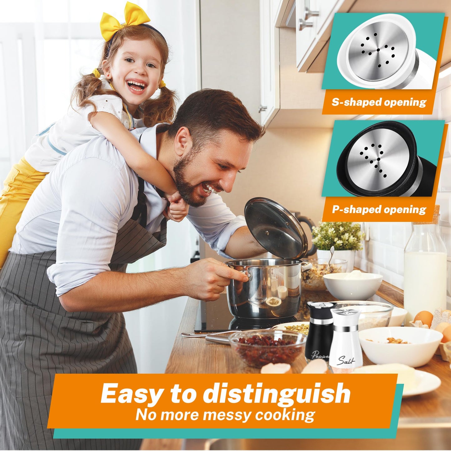 Salt and Pepper Shakers Set,4 oz Glass Bottom Salt Pepper Shaker with Stainless Steel Lid for Kitchen Gadgets Cooking Table, RV, Camp,BBQ Refillable Design (White + Black)