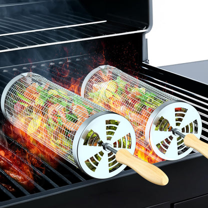 Rolling Grill Basket(2PCS), Removable Wooden Handle, 304 Stainless Steel, Grilling Accessories Tools for Vegetables Meat Food, Outdoor Camping Grilling, Birthday Gifts for Men Husband Men