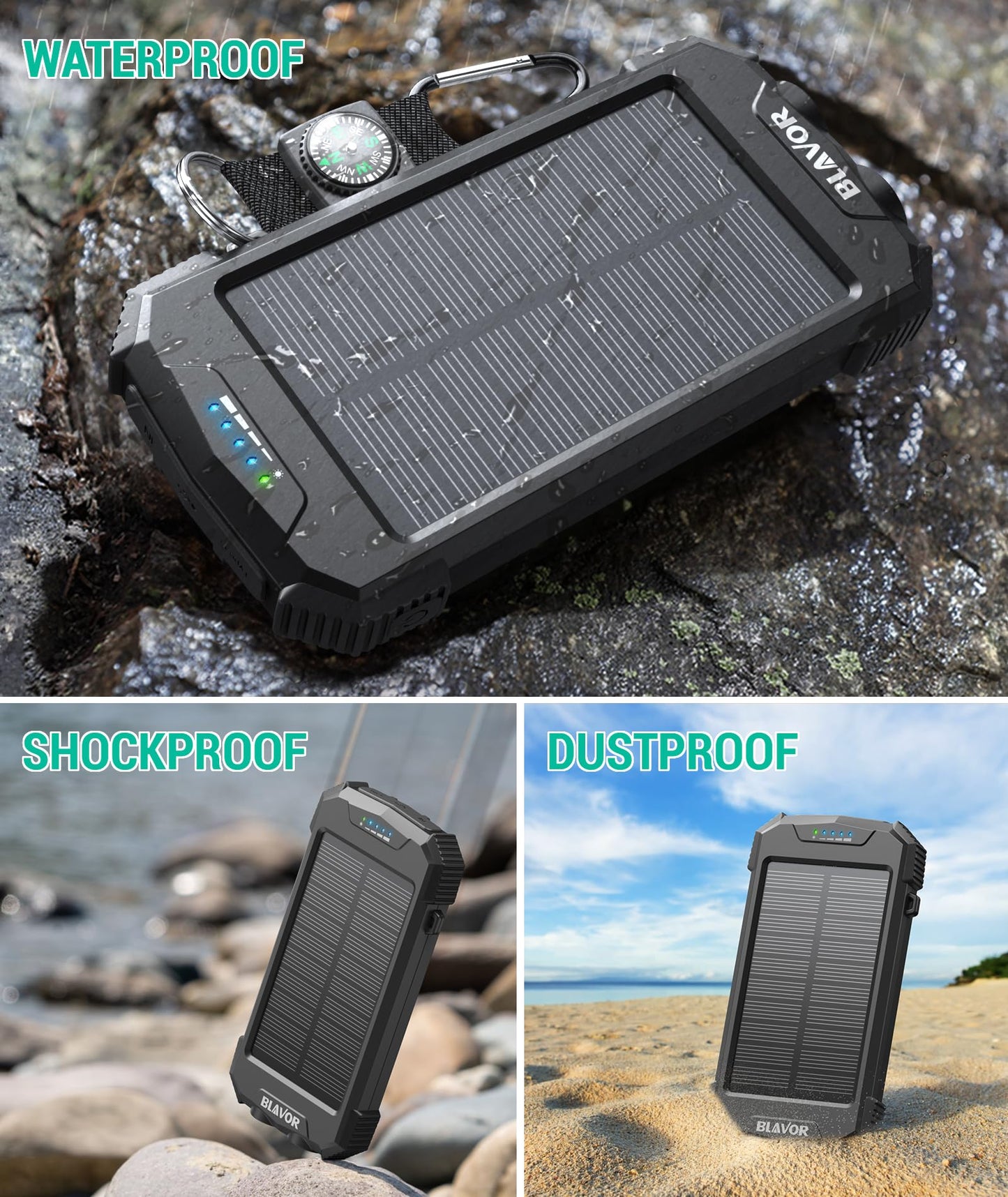 BLAVOR Solar Charger Power Bank 10,000mAh, Portable Wireless Charger, 20W Fast Charging External Battery Pack with USB C for Cell Phones, Solar Panel Charger with Dual Flashlight for Camping