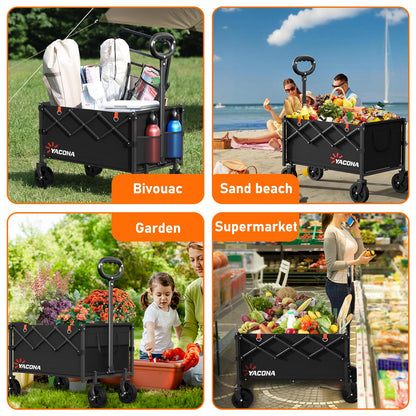 YACONA Wagons Carts Foldable, Lightweight Portable Utility Shopping Cart with Wheels, Folding Grocery Wagon Cart for Grocery, Camping, Shopping, Beach, Garden, Sports Black