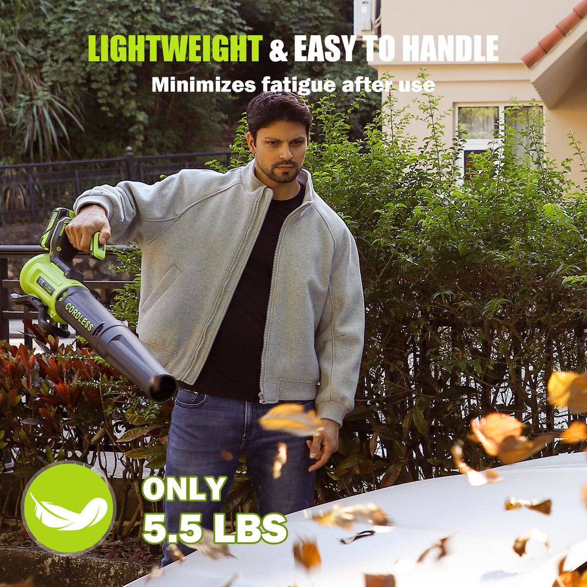 Leaf Blower Cordless with 2× 4.0Ah Batteries and Charger, 560CFM & 180MPH Lightweight Leaf Blower, 2 Speed Electronic Control, 20V Electric Blower for Driveway, Lawn & Yard Care